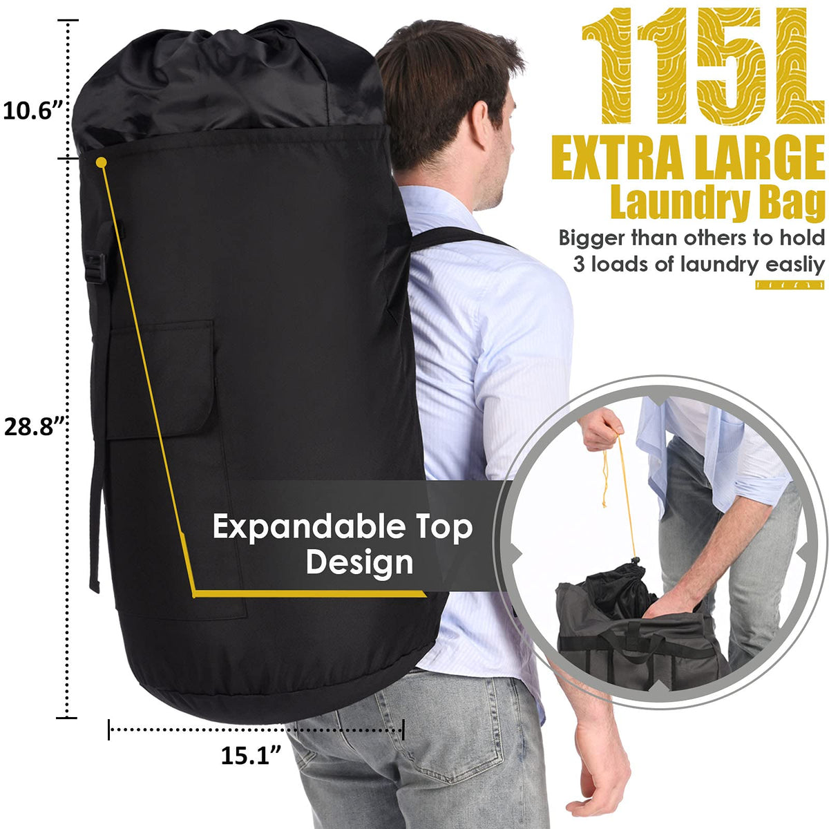 Ãzhido 115 L laundry backpack features reinforced stitching for reliable wear up stairs or to laundromat.
