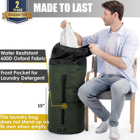 Azhido backpack laundry bag front pocket stores detergent and small items.