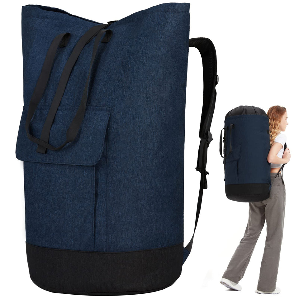 Ãzhido Laundry Bag Backpack Extra Large front pocket stores detergent and dryer sheets.