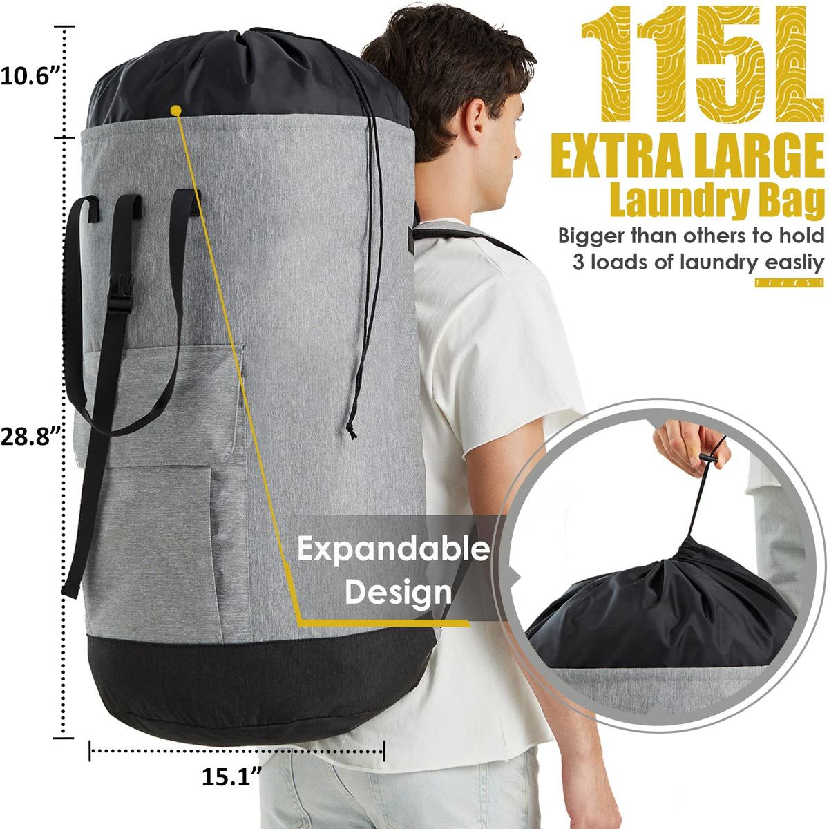 Azhido laundry bag front pocket stores detergent and dryer sheets for quick access.