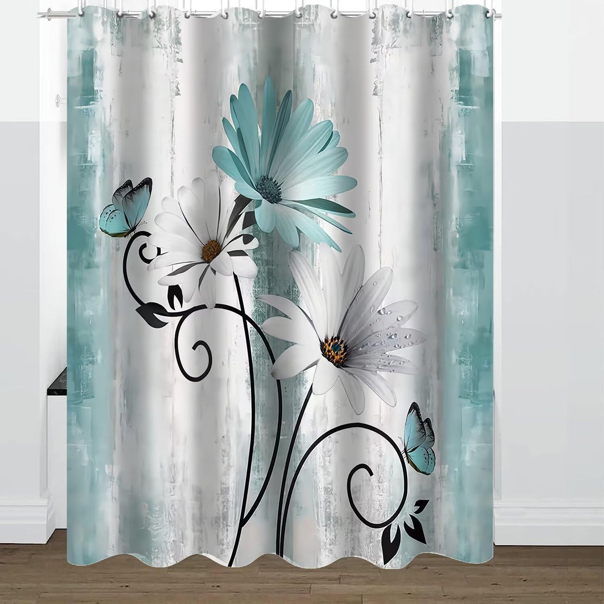 AZHM daisy floral shower curtain closeup highlights cheerful, boutique-inspired detail.