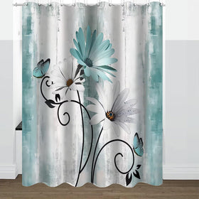 AZHM daisy floral shower curtain closeup highlights cheerful, boutique-inspired detail.