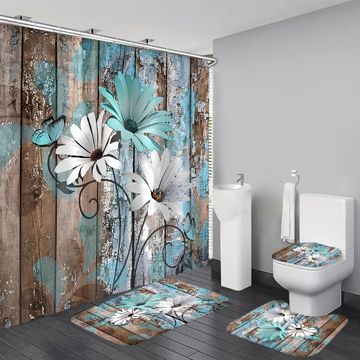 AZHM Farmhouse Flower teal-daisy shower curtain adds rustic charm and moisture control.