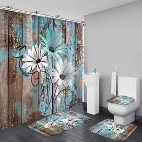 AZHM Farmhouse Flower teal-daisy shower curtain adds rustic charm and moisture control.