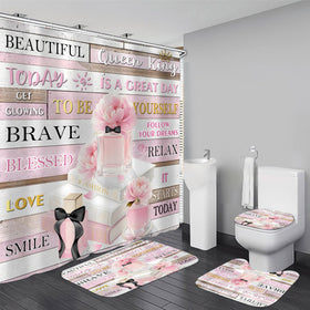 AZHM shower curtain with pink floral design and quotes adds fresh style to the bath