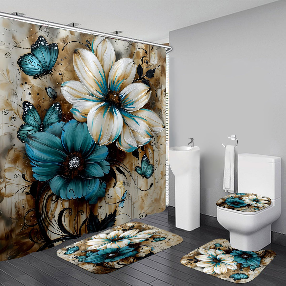 AZHM shower curtain with white and blue floral art keeps water in the tub.
