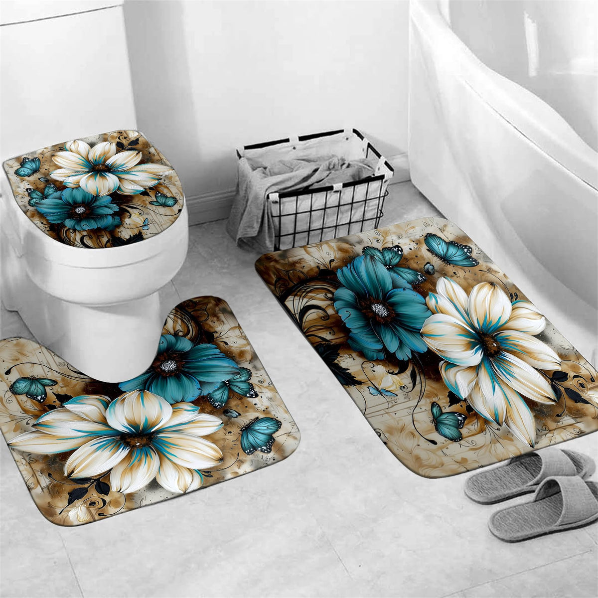 AZHM toilet seat cover in blue-white floral design provides gentle cushioning and easy care.