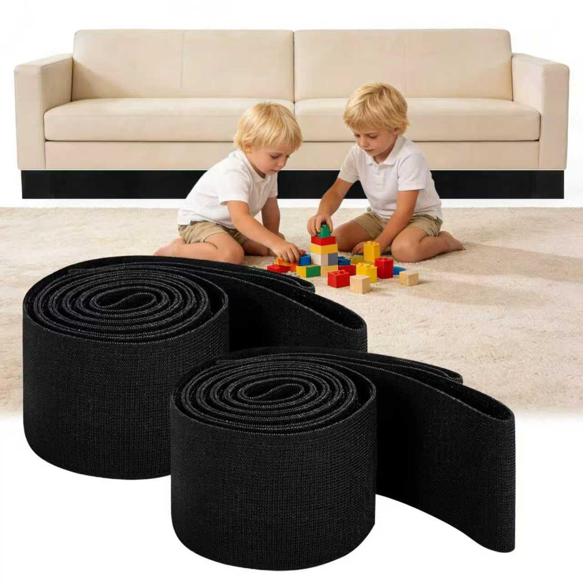 Azsailbot 2-pack under-couch blocker in use prevents toys from slipping.