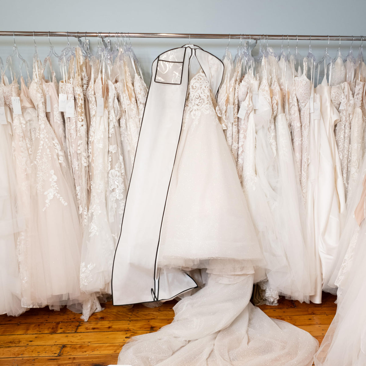 Azure Aster Bridal bag in use with a wedding gown in a closet