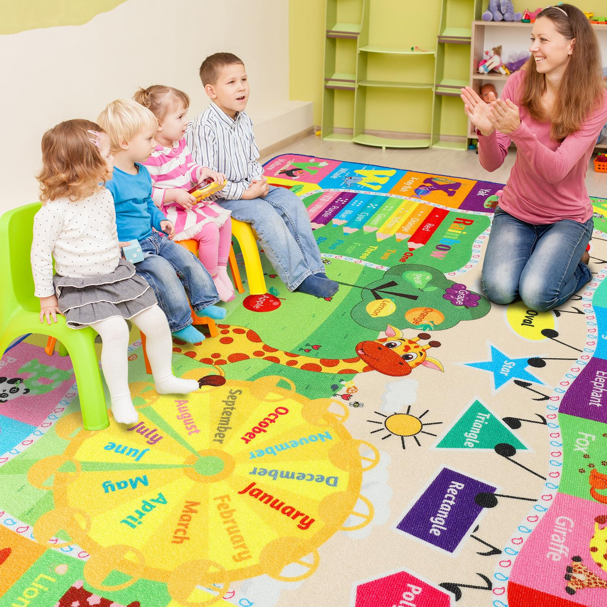 B BENRON rug highlights colors and shapes for recognition.