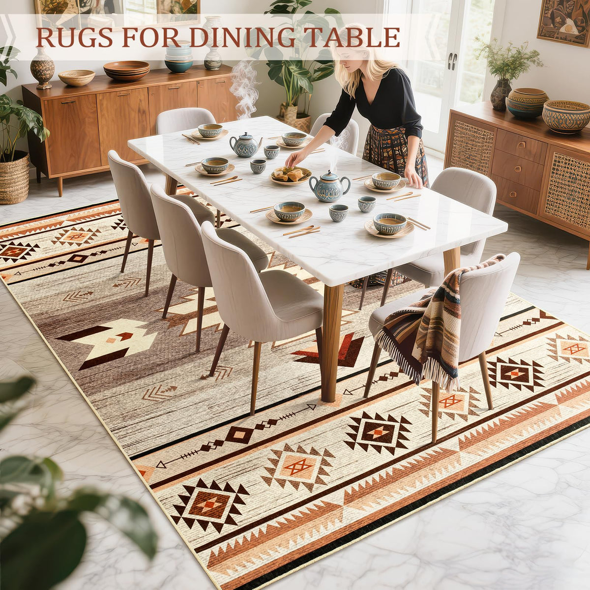 B BENRON rug features distressed vintage pattern with tribal and farmhouse motifs.