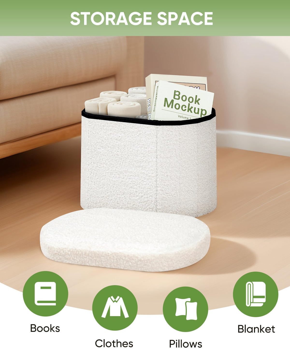 B FSOBEIIALEO boucle ottoman fabric, soft seating with cozy texture.