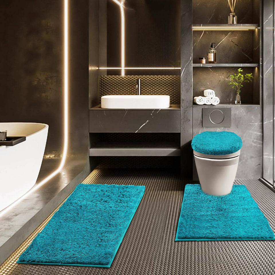 Baahrnom 3-piece bathroom rug set on floor highlighting plush texture and cohesive styling.