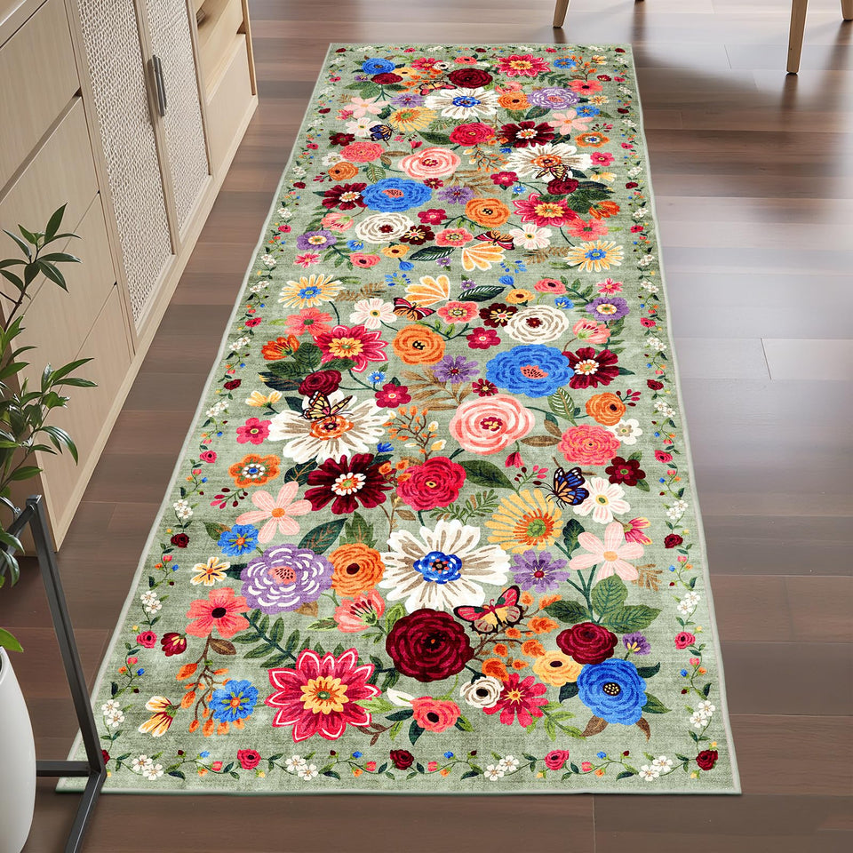Babovid green hallway rug 2x6 with non-slip backing for secure hallway footing.