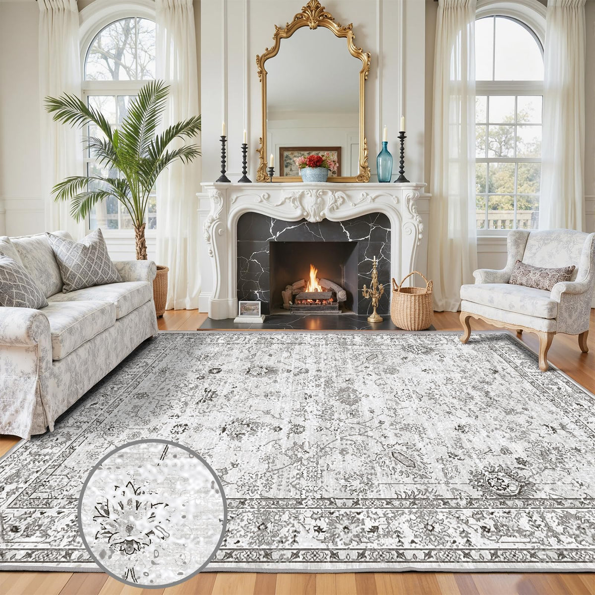 Babovid washable rug 8x10 gray floral grey-white pattern for cozy living room setup.