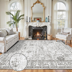 Babovid washable rug 8x10 gray floral grey-white pattern for cozy living room setup.
