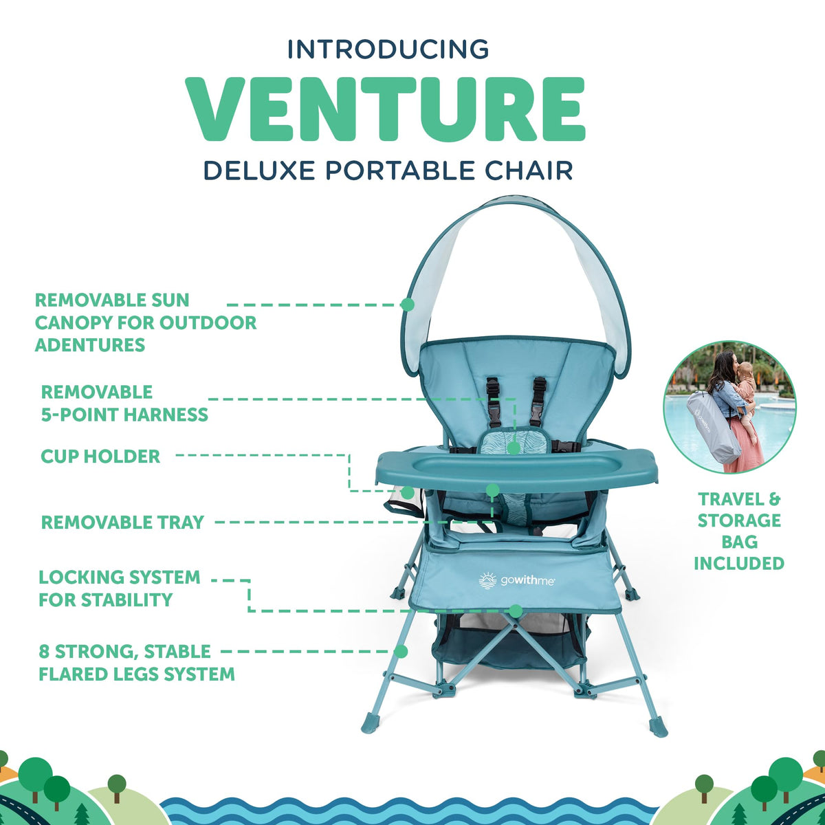 Baby Delight Go With Me Venture chair featuring a 5-point harness for security.
