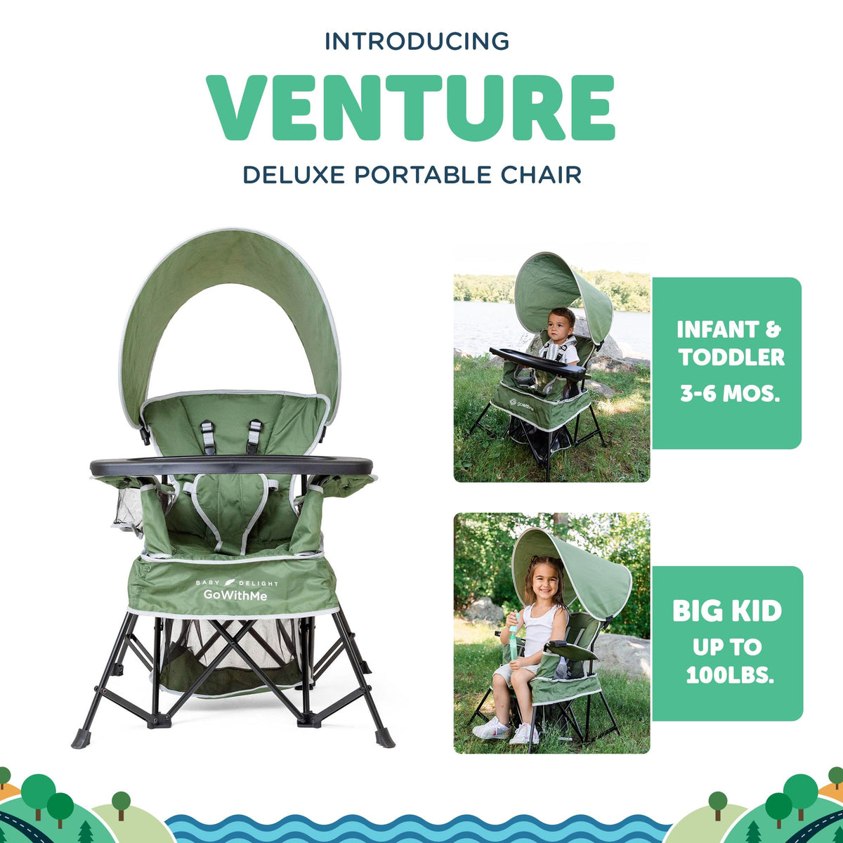 Go With Me Venture chair converts from sitting to standing to big kid mode.