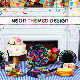 Baderke neon glow party table setting, ready-to-use for a festive event.
