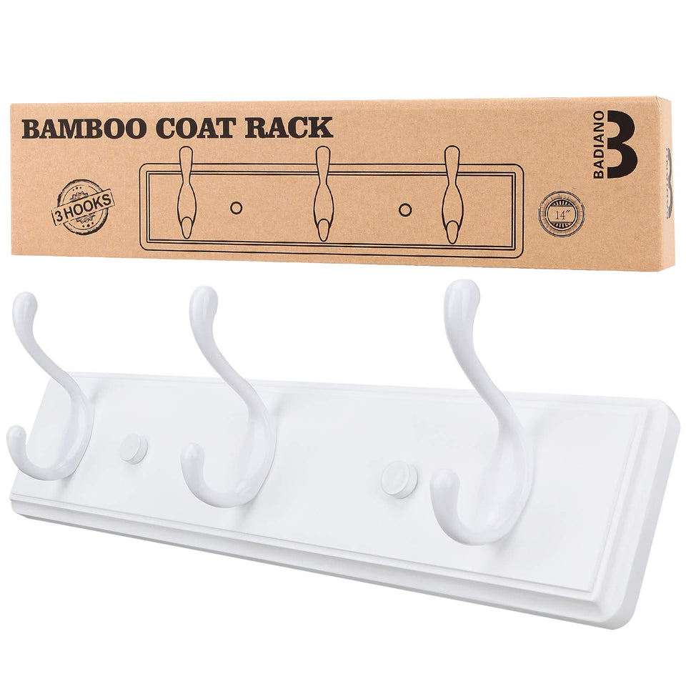 Badiano wooden coat rack in white with three hooks mounted on wall for tidy entryways.