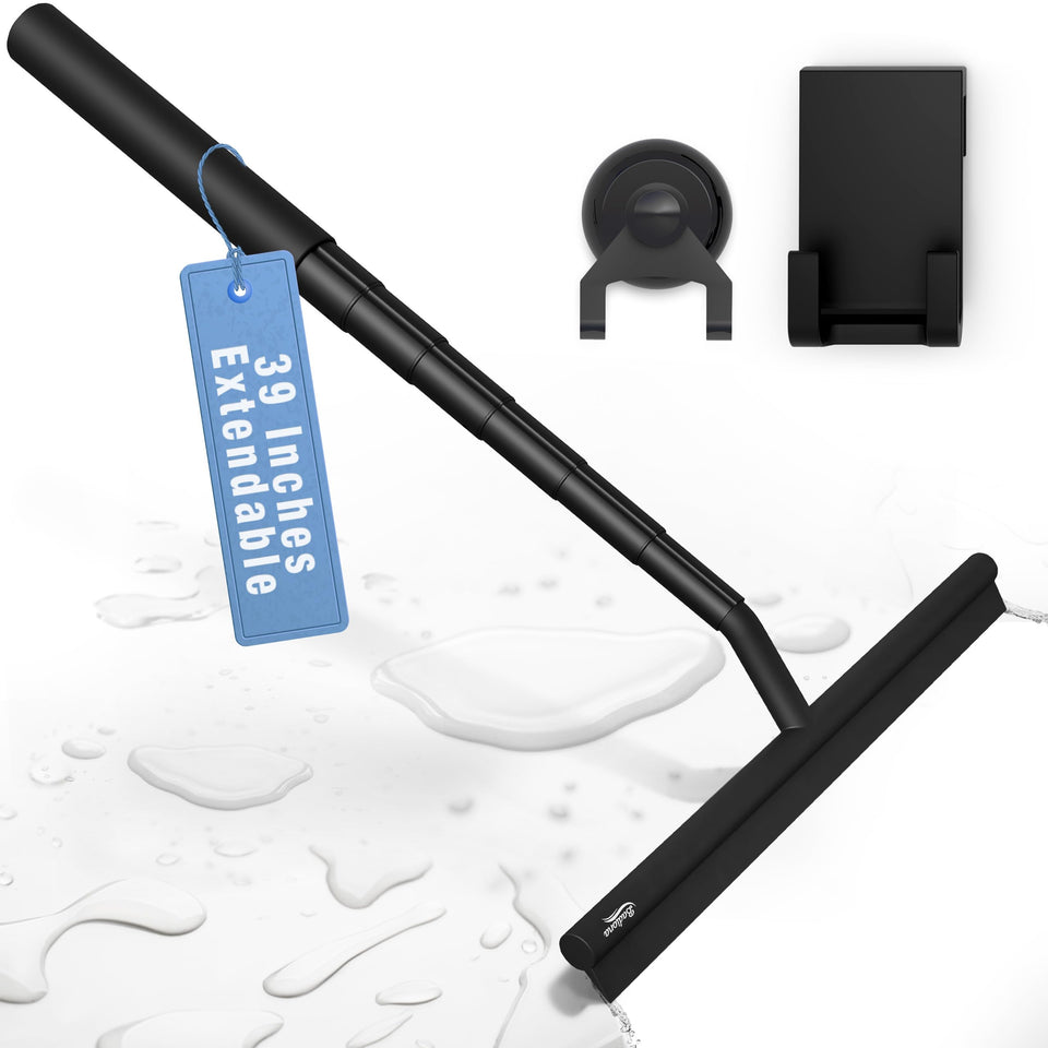 BADIONA telescopic shower squeegee extended to 100 cm for easy shower door cleaning.