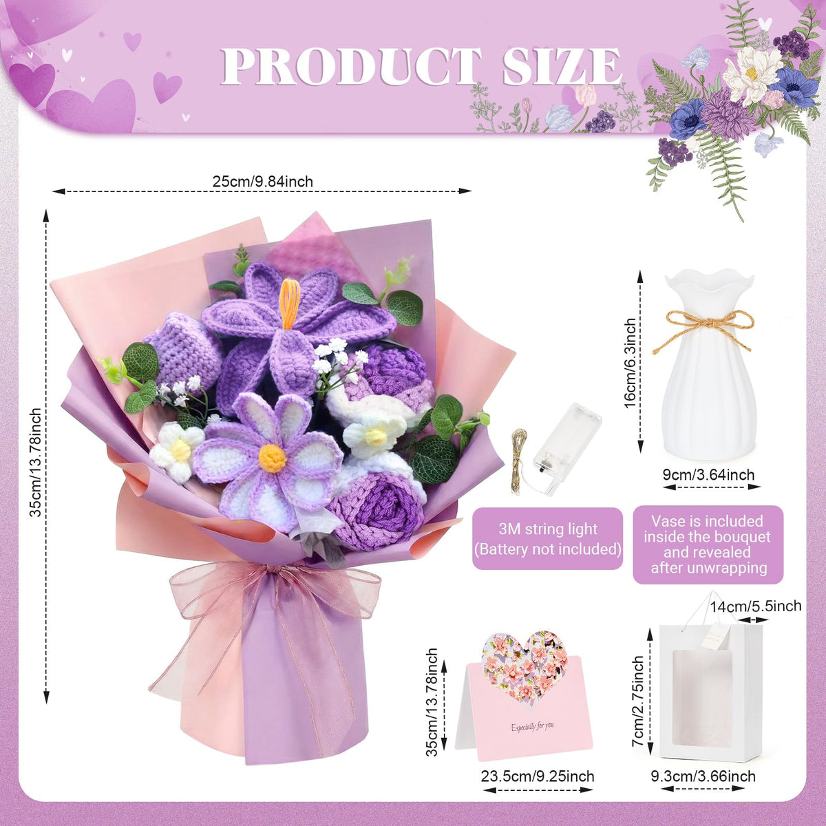 Bafeil crochet bouquet purple lilies: elegant display with warm glow
