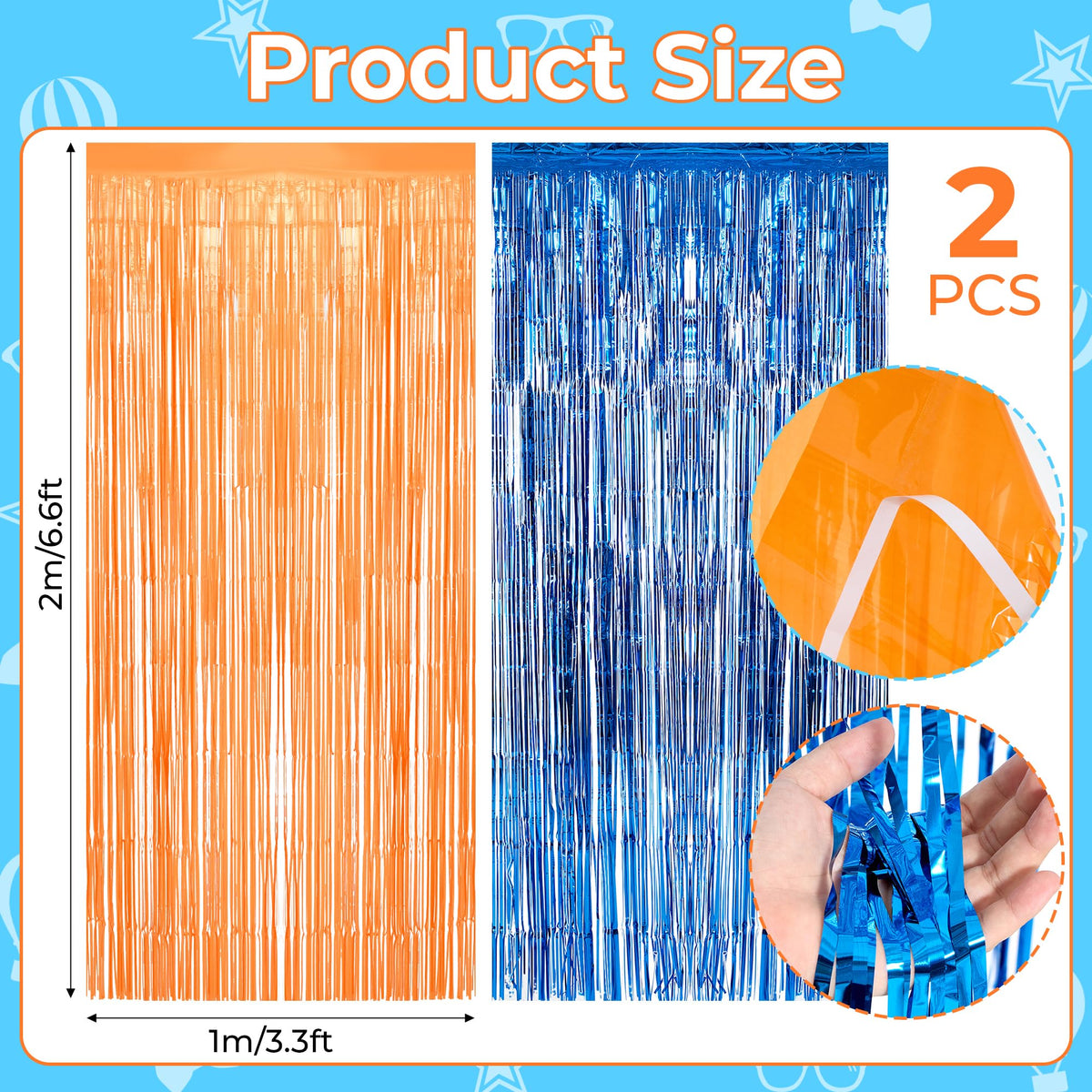 Bafeil blue orange foil fringe curtain adds festive texture