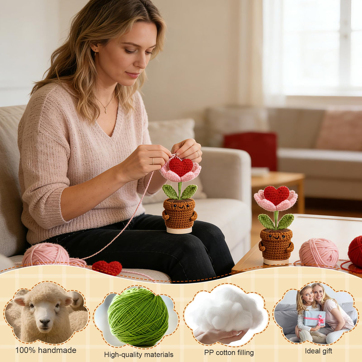 Bafeil crochet plant on pedestal enhances shelf display.