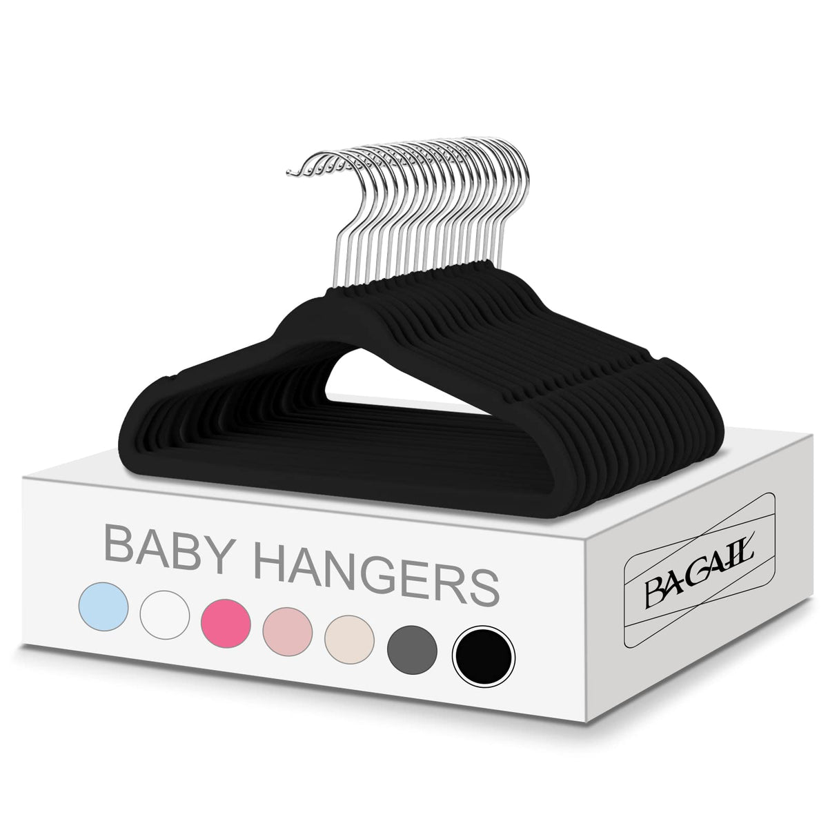 Bagail 50-pack velvet kids hangers with 11-inch frame, non-slip velvet grip keeps outfits tidy.