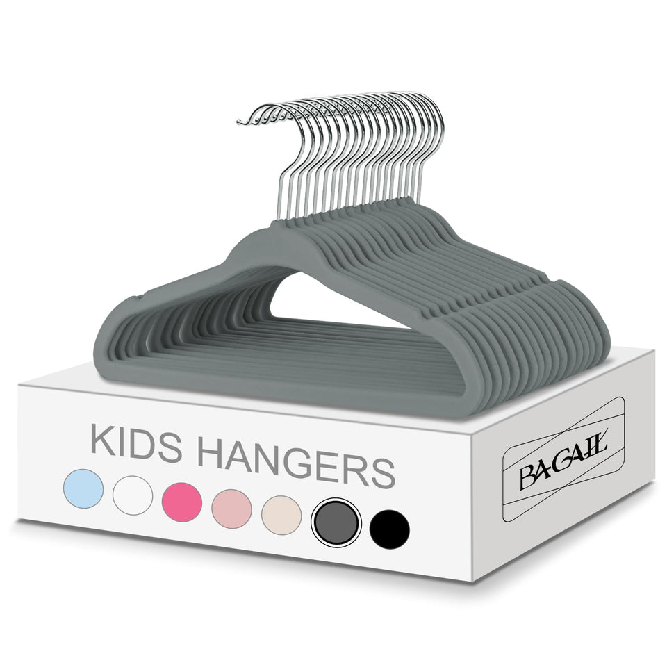 Bagail 50-pack kids velvet hangers with 14-inch profile for delicate garments.