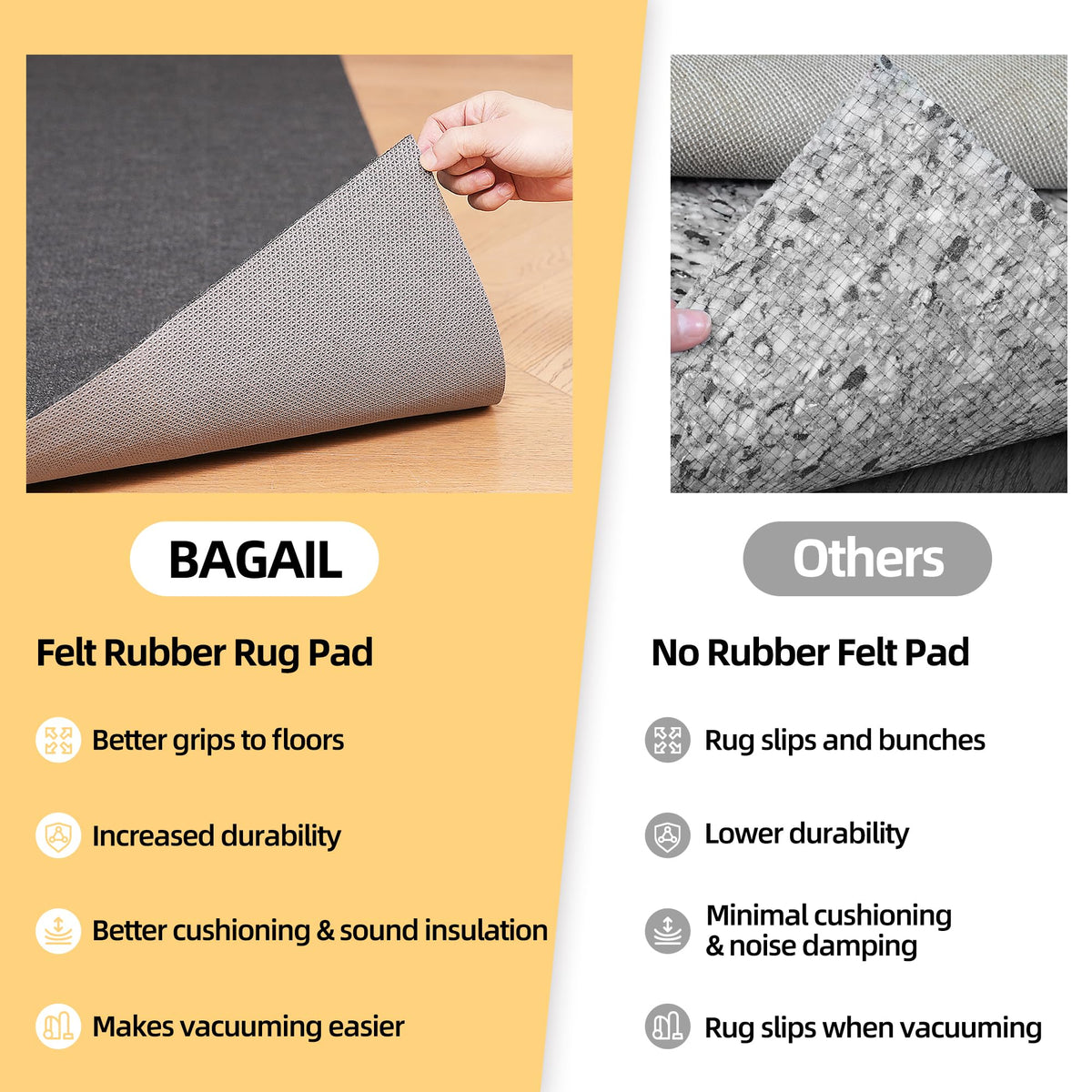 BAGAIL BASICS rug pad works on hardwood, tile, vinyl, laminate, stone, and carpet.