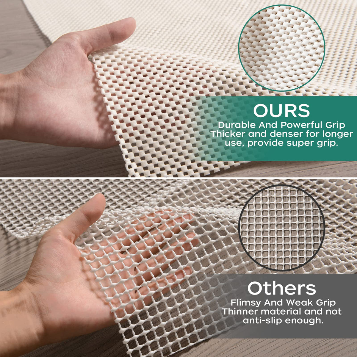 Bagail Basics rug pad demonstrates pre-cut 18 sizes for quick fit.