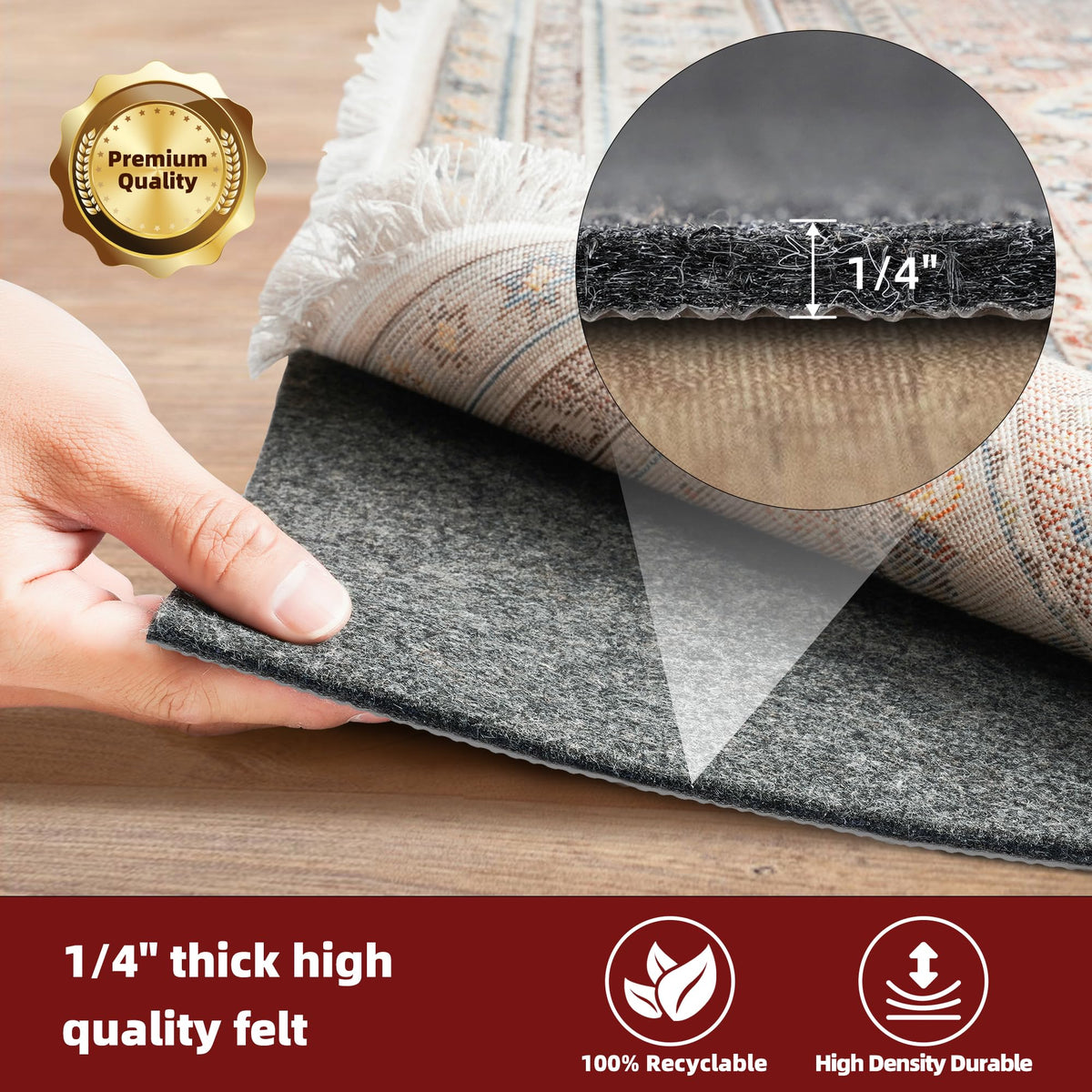 BAGAIL BASICS rug pad placed on hardwood; non-slip keeps rug steady during vacuuming