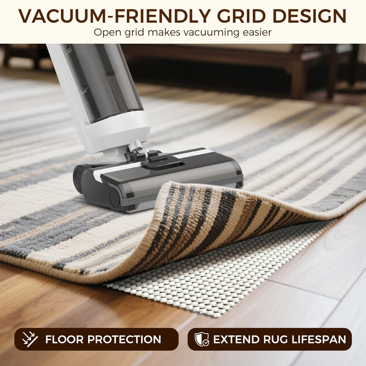 Protective BAGAIL BASICS rug pad shields hardwood floors from scratches.