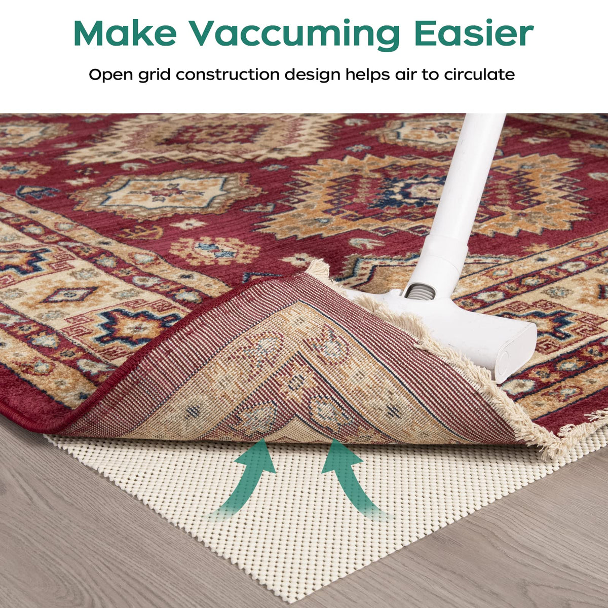 Open-grid BAGAIL BASICS rug pad allows easy cleaning while keeping rug secure during vacuuming.