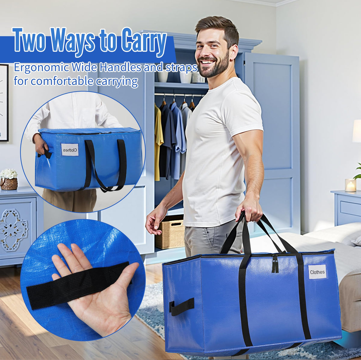 Bagail wide webbing handles enable comfortable carrying during moves.