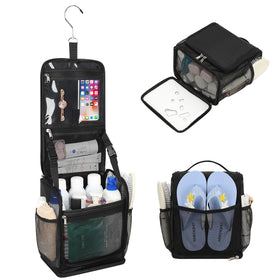 Bagmoly mesh shower caddy showing full-size bottles fits securely for travel and dorm life