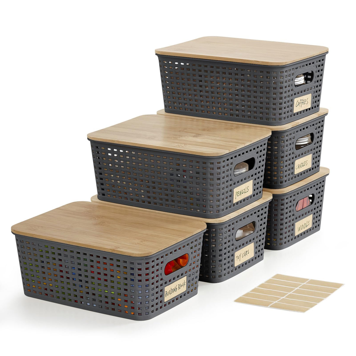 Bagnizer 6-pack stackable bin with bamboo lid for tidy pantry storage.