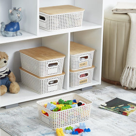 Bagnizer bamboo lid bin on desk for tidy office organization.