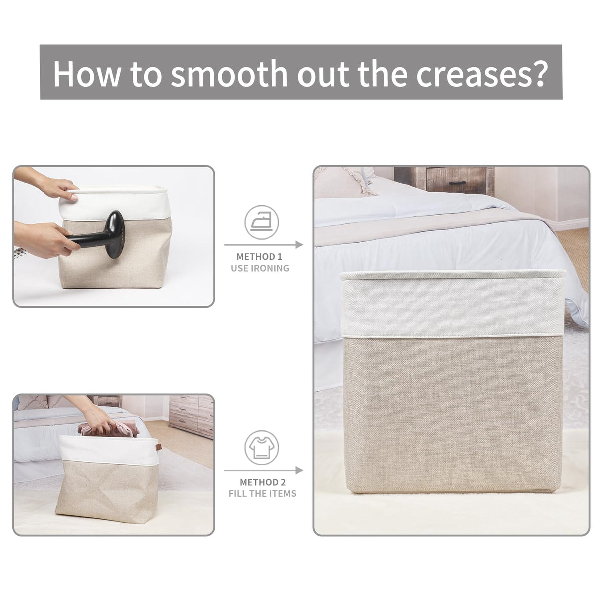 Bagnizer leather handles for easy carry from shelf to room.