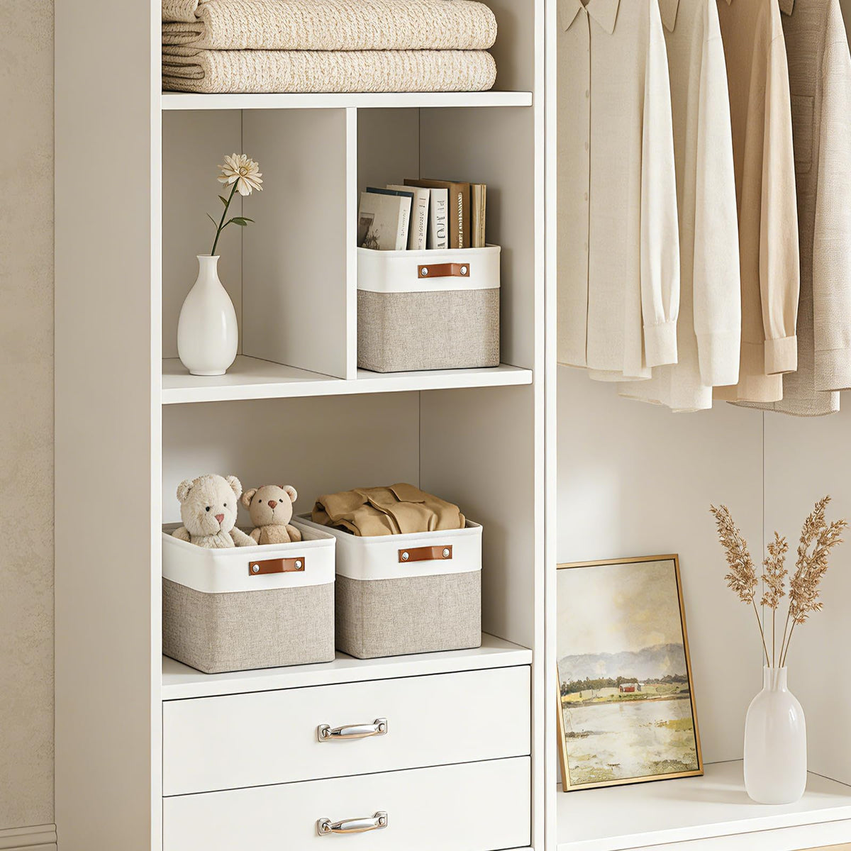 Bagnizer beige-white storage cube side view complements any decor.