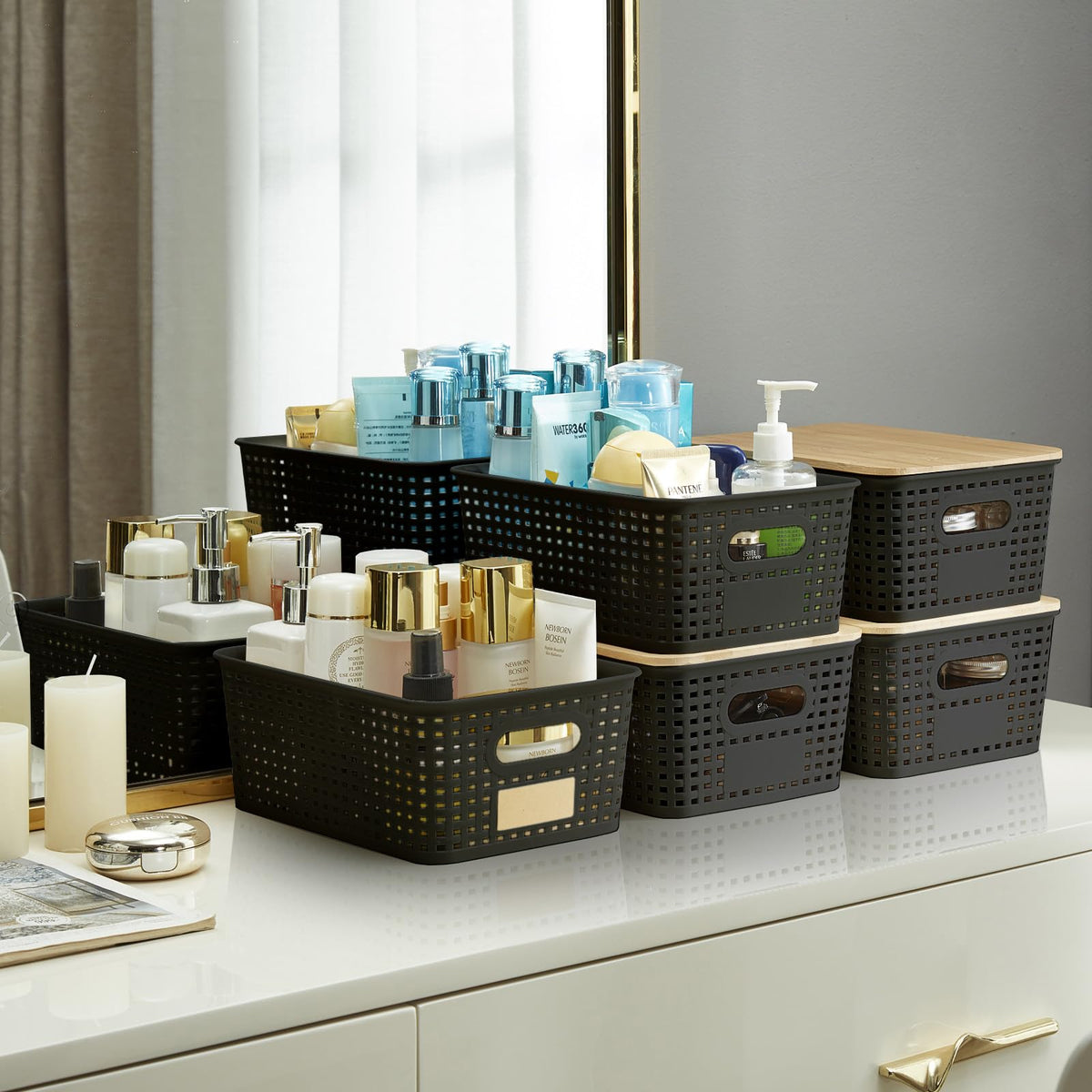 Bagnizer versatile bin for towels, cosmetics, and craft supplies.