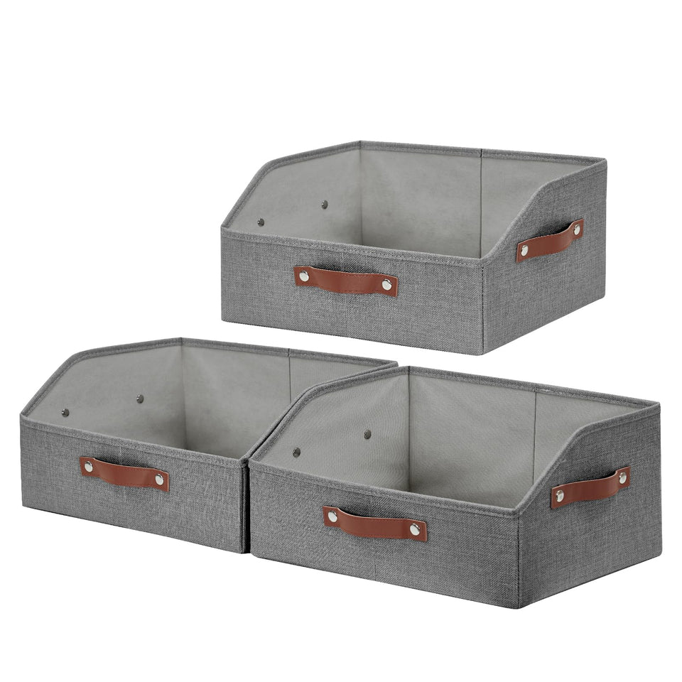 Bagnizer linen trapezoid storage bin gray front view for quick item recognition.