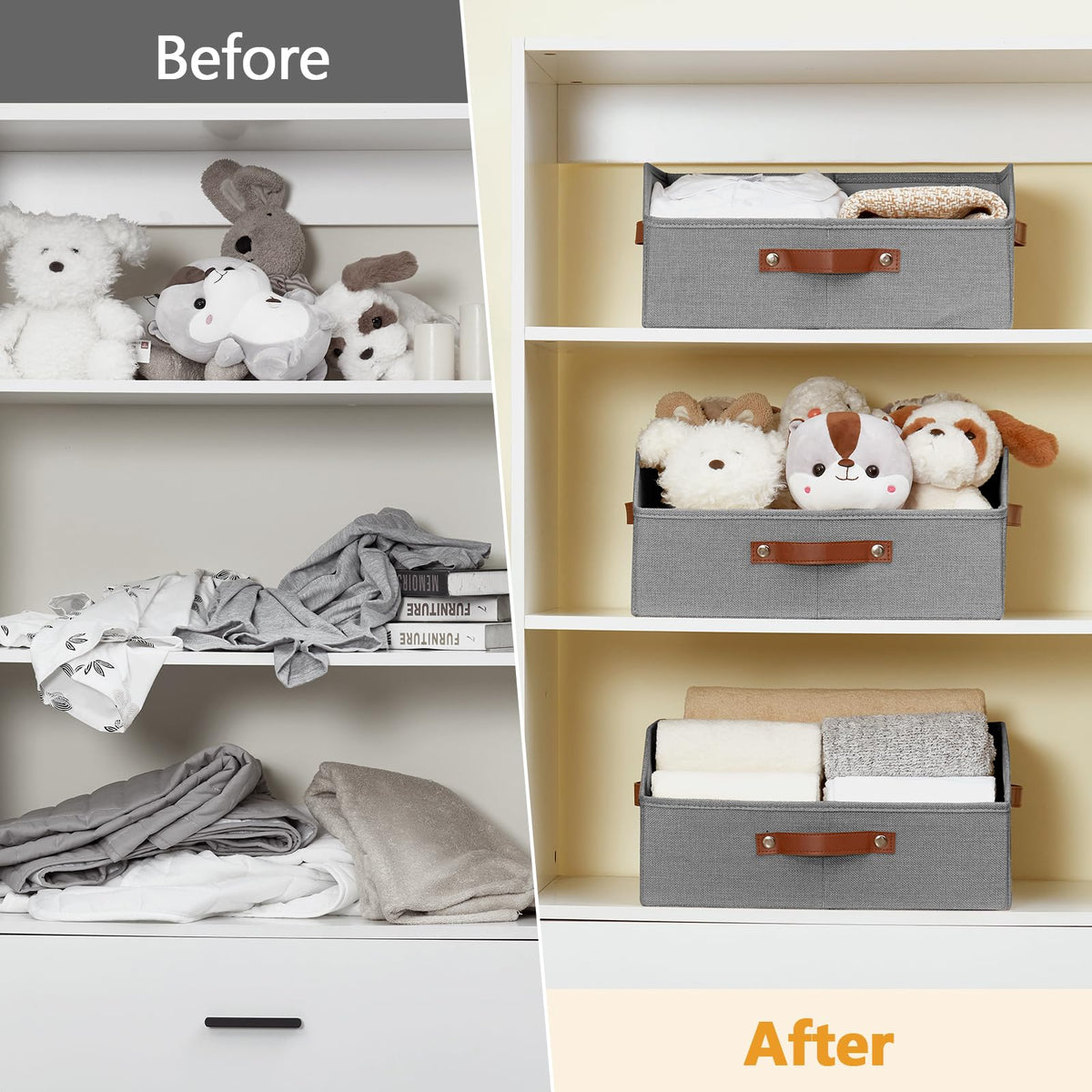Bagnizer gray storage bin in a modern closet setup.