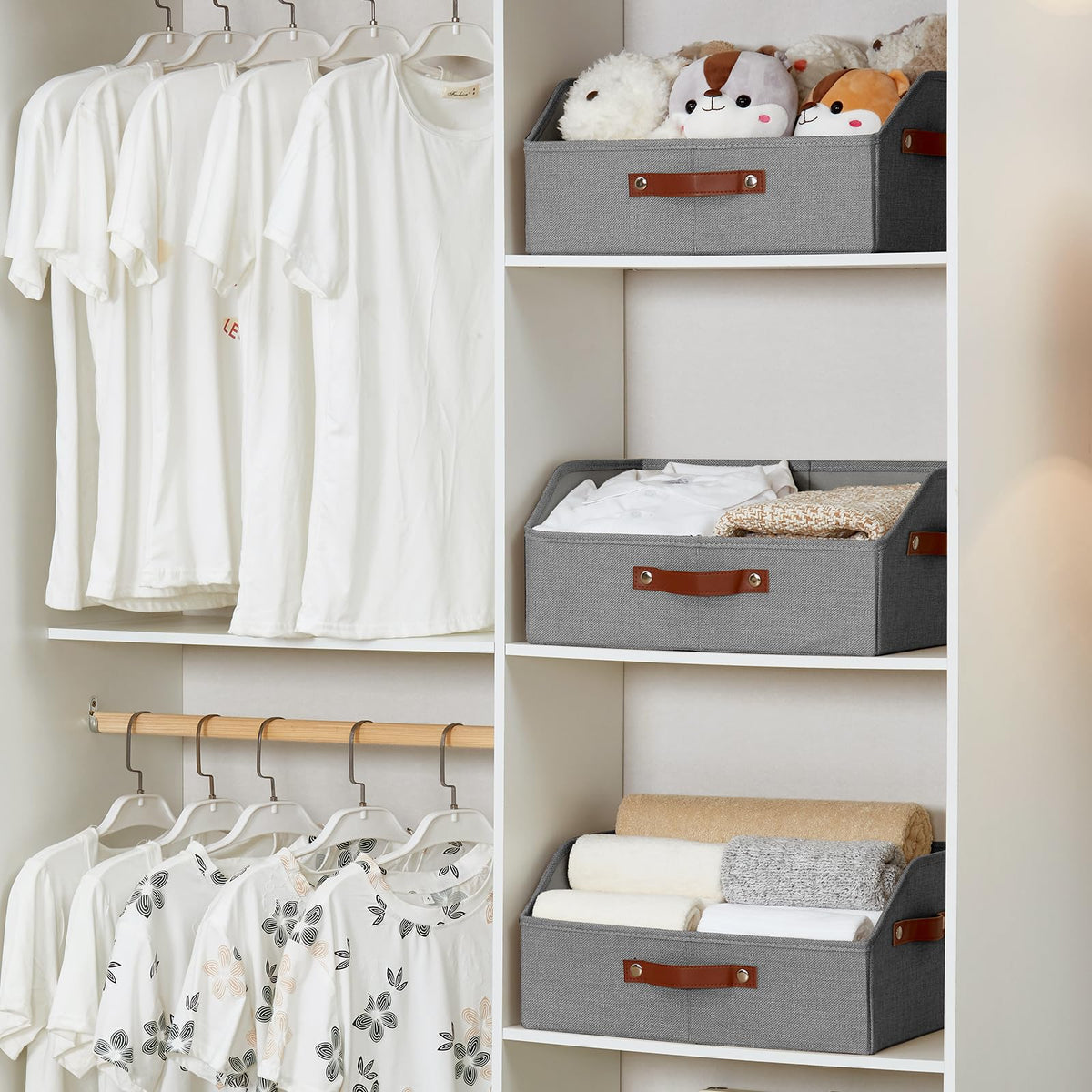 Bagnizer bin gray stackable with others to maximize closet storage.
