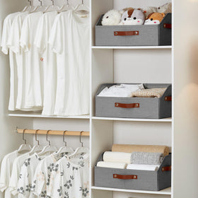 Bagnizer bin gray stackable with others to maximize closet storage.