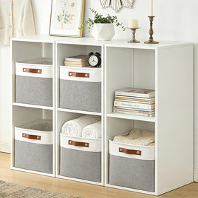 Bagnizer decorative linen basket in grey and white for closet storage.