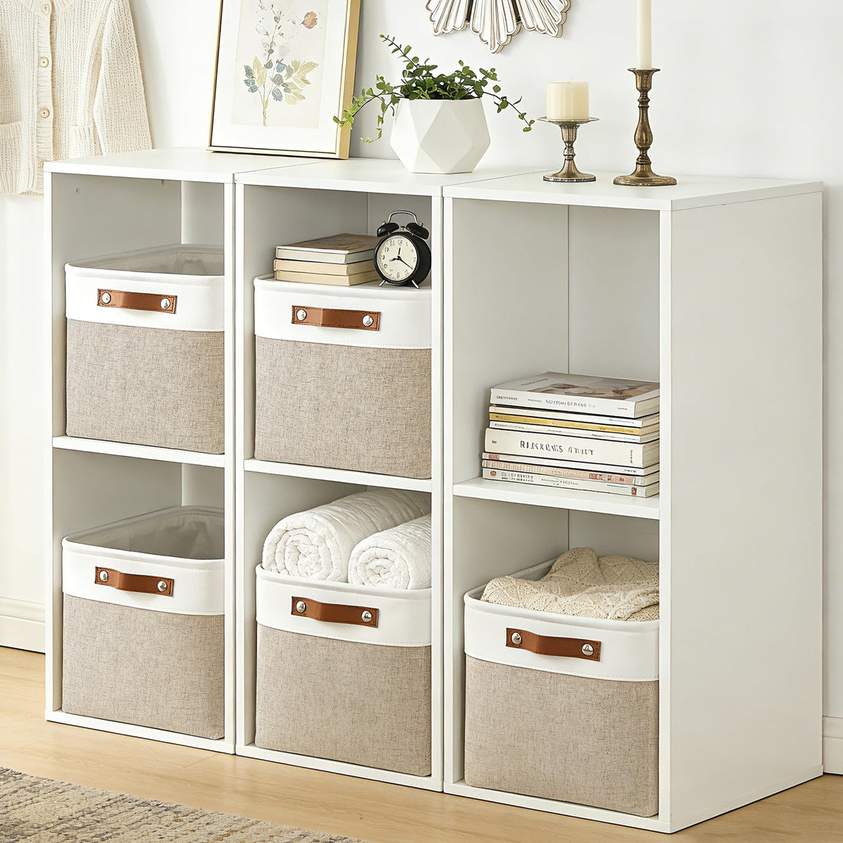 Bagnizer linen texture storage bin closeup with leather handles.