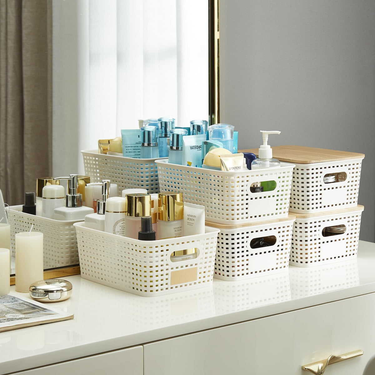 Bagnizer cream-white decorative bins brighten spaces while staying practical.