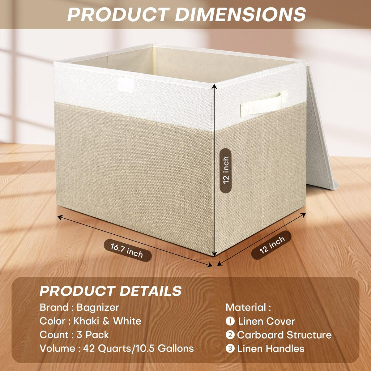Bagnizer foldable storage bin with lid in beige, space-saving closet solution.